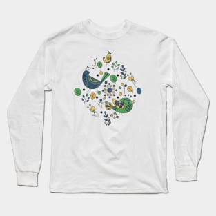 Scandinavian Folklore Blue and Green Birds Long Sleeve T-Shirt